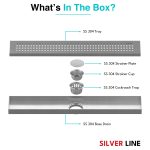 Linear Shower Channel Drain | 304 Stainless Steel | Square Perforated Grating with Cockroach Trap - Silver Line — 24" x 4" / Center Hole - box contents
