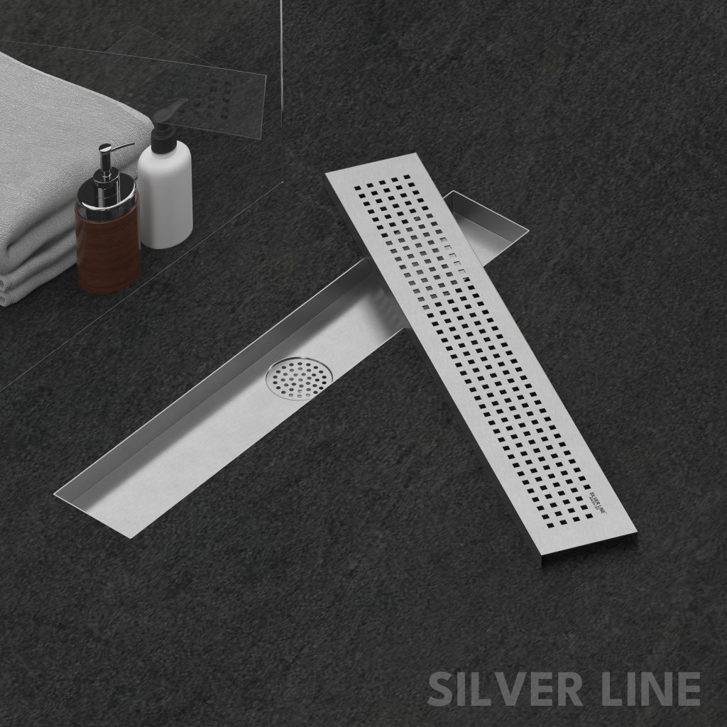 Linear Shower Channel Drain | 304 Stainless Steel | Square Perforated Grating with Cockroach Trap - Silver Line — 24" x 4" / Center Hole - main product image