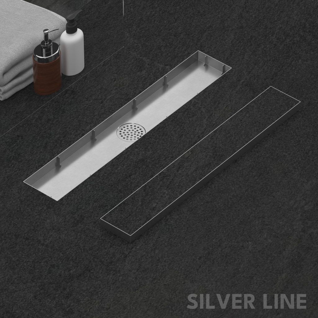 Tile Insert Shower Drain Channel | 304 Stainless Steel | Invisible Shower Channel with Cockroach Trap - Silver Line — 24" x 4" / Side Hole - main product image