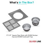 Square Floor Drain with Cockroach Trap (5" x 5") | SS 304 | Matt & Gloss Finish | For Bathroom, Kitchen, Balcony - Silver Line — Matt / Without Pipe Hole - box contents