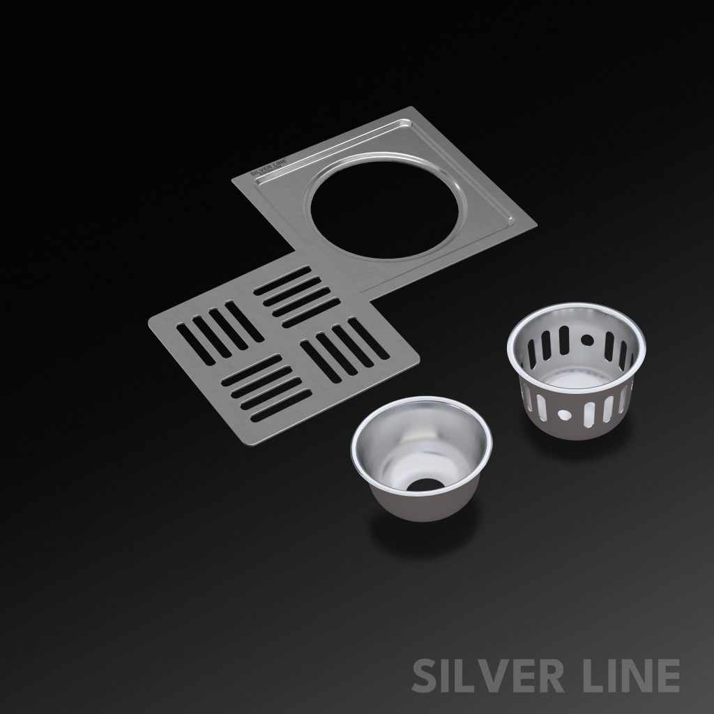 Square Floor Drain with Cockroach Trap (5" x 5") | SS 304 | Matt & Gloss Finish | For Bathroom, Kitchen, Balcony - Silver Line — Matt / Without Pipe Hole - main product image