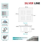 Square Floor Drain with Cockroach Trap (5" x 5") | SS 304 | Matt & Gloss Finish | For Bathroom, Kitchen, Balcony - Silver Line — Matt / Without Pipe Hole - technical drawing