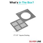 Square Floor Drain (5" x 5") | SS 304 | Matt & Gloss Finish | For Bathroom, Kitchen, Balcony - Silver Line — Matt / Without Pipe Hole - box contents