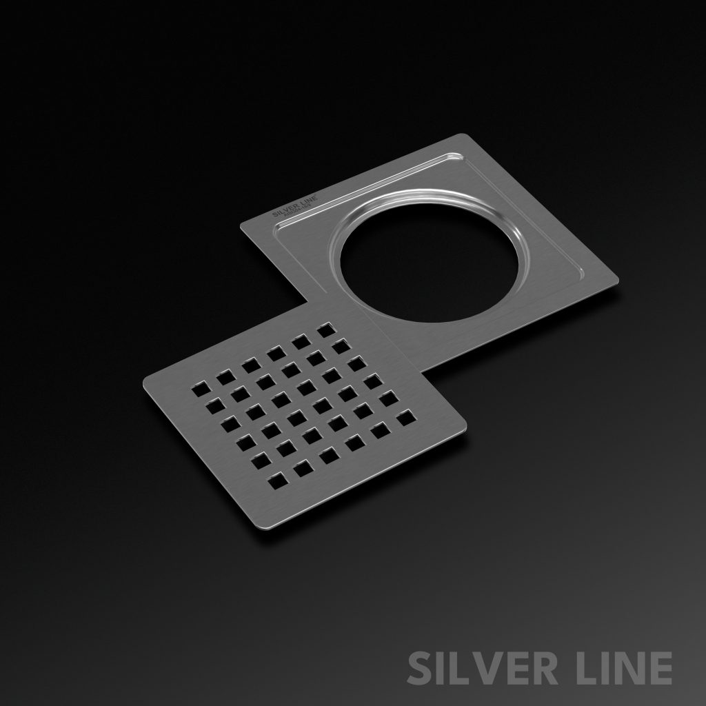 Square Cut Design Floor Drain (5" x 5") | SS 304 | Matt & Gloss Finish | For Bathroom, Kitchen, Balcony - Silver Line — Matt / Without Pipe Hole - main product image