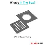 Square Cut Design Floor Drain (6" x 6") | SS 304 | Matt Finish | For Bathroom, Kitchen, Balcony - Silver Line — Without Pipe Hole - box contents