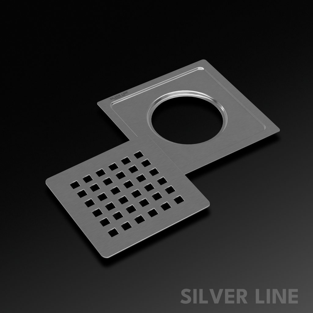 Square Cut Design Floor Drain (6" x 6") | SS 304 | Matt Finish | For Bathroom, Kitchen, Balcony - Silver Line — Without Pipe Hole - main product image