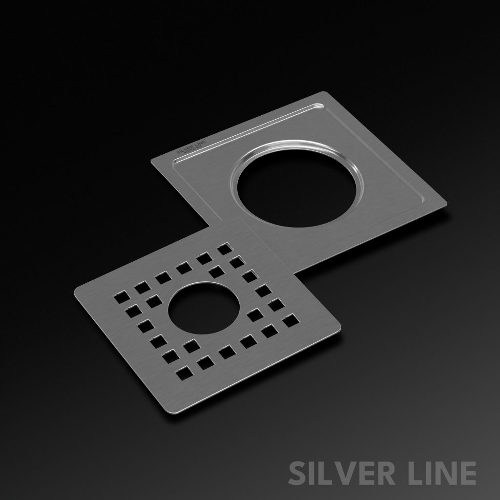 Square Cut Design Floor Drain (6" x 6") | SS 304 | Matt Finish | For Bathroom, Kitchen, Balcony - Silver Line — With Pipe Hole - main product image
