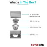 Tile Insert Floor Drain | 304 Stainless Steel | Invisible Drain with Cockroach Trap - Silver Line — 6" x 6" - box contents