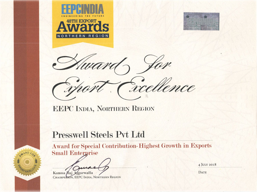 48th EEPC India Export Award presented to Presswell Steels