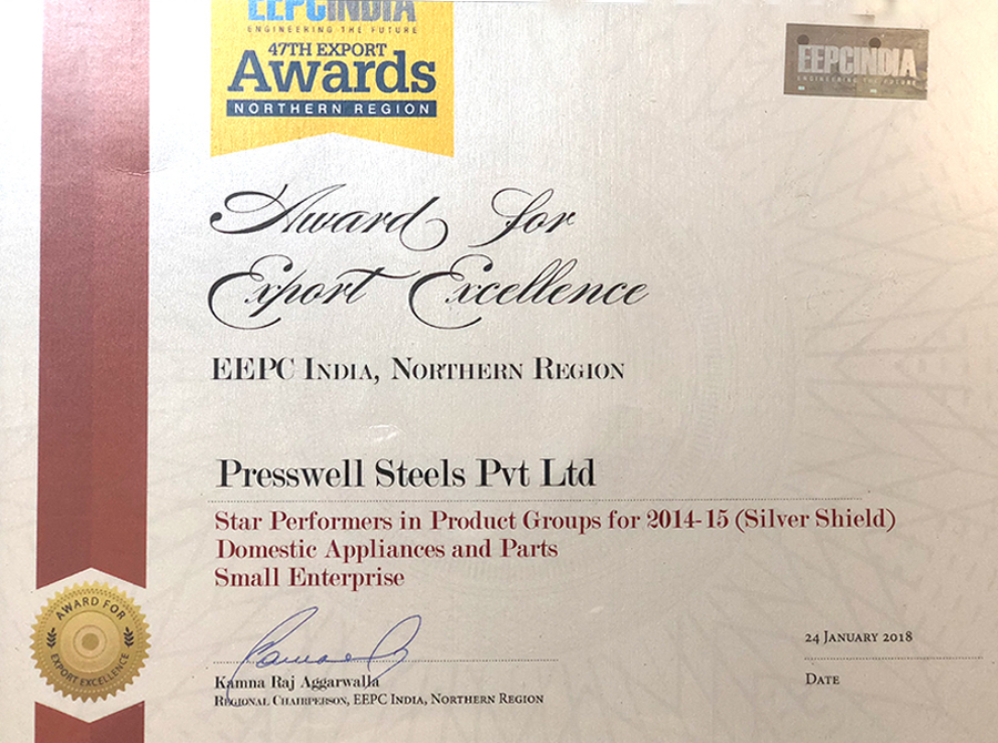 47th EEPC India Export Award presented to Presswell Steels