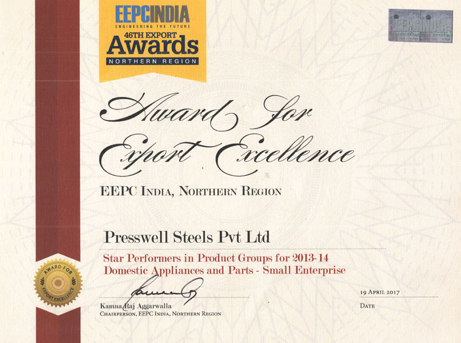 46th EEPC India Export Award presented to Presswell Steels