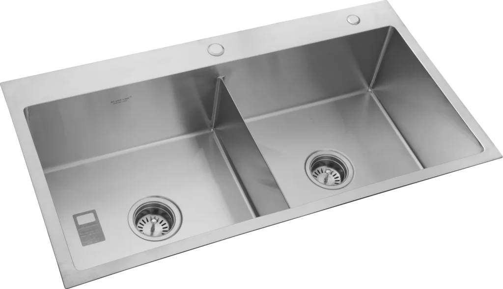 10032 - Handmade Double Bowl Centre-Low Kitchen Sink