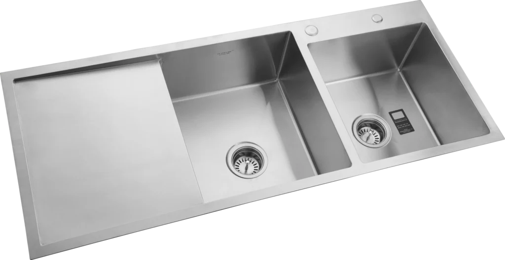 10033 - Handmade Double Bowl Kitchen Sink With Drainboard And Two Tap Holes