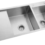 10033 - Handmade Double Bowl Kitchen Sink With Drainboard And Two Tap Holes
